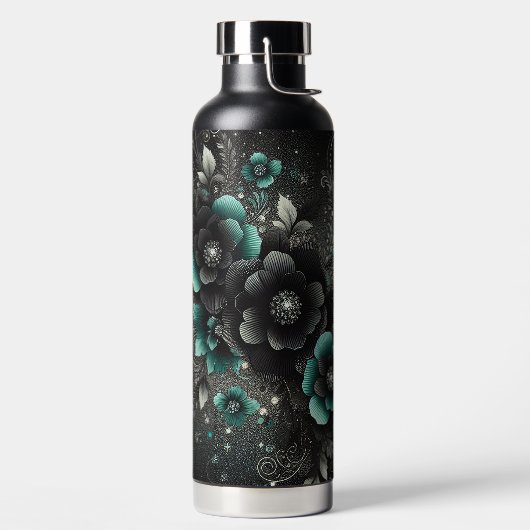 Bouteille D'eau Fleurs Noir et Sarcelle (Droite)