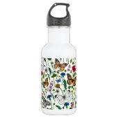 Bouteille D'eau Fleurs sauvages et papillons sur blanc (Devant)