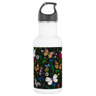 Bouteille D'eau Fleurs sauvages et papillons sur le noir