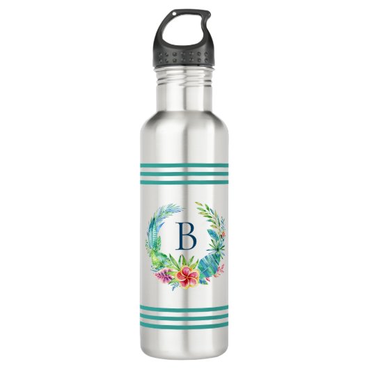 Bouteille D'eau Fleurs tropicales colorées Wreath Monogramme perso (Devant)