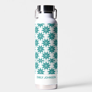 Bouteille D'eau fleurs turquoises nom personnalisé blanc