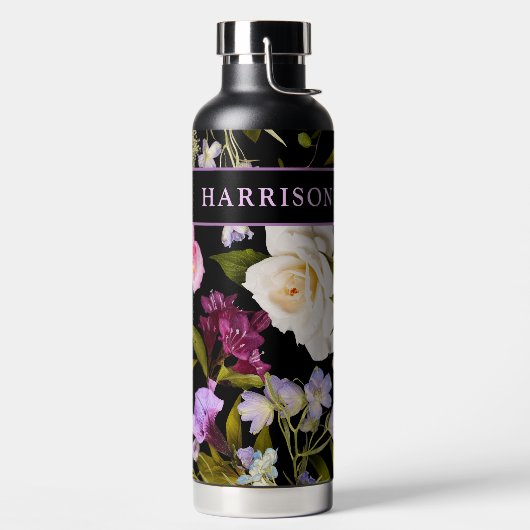 Bouteille D'eau Floral blanc et violet victorien sur noir / nom (Droite)