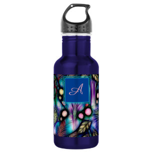 Bouteille D'eau Floral bleu Aquarelle Fleurs Monogramme