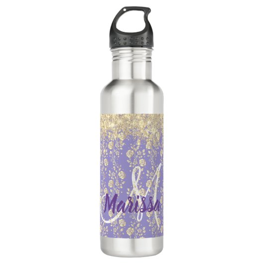 Bouteille D'eau Floral d'or Monogram sur Lavender (Devant)