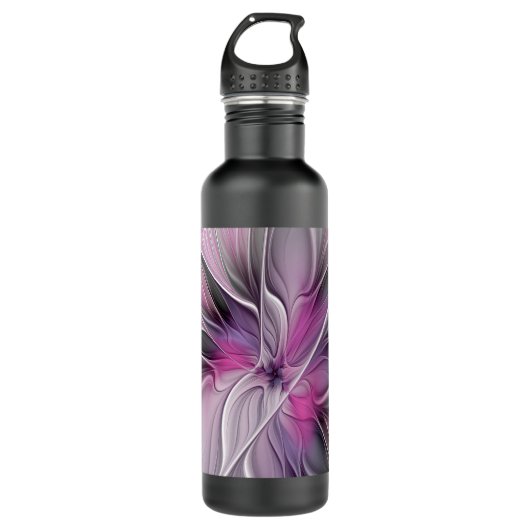 Bouteille D'eau Floral Fractal moderne Fleur Abstraite rose gris (Devant)
