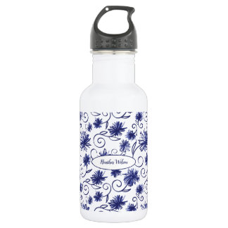 Bouteille d'eau florale bleu blanc avec nom