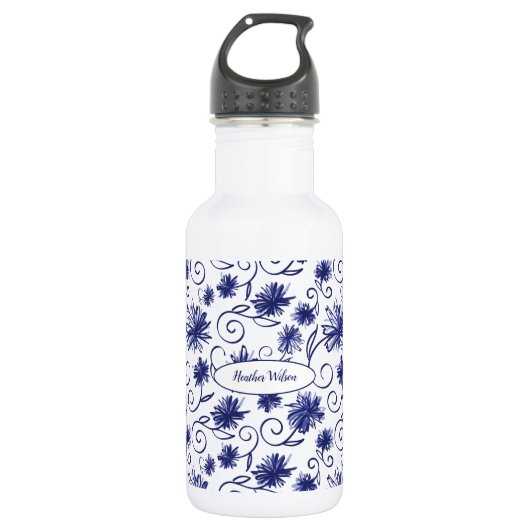 Bouteille d'eau florale bleu blanc avec nom (Devant)