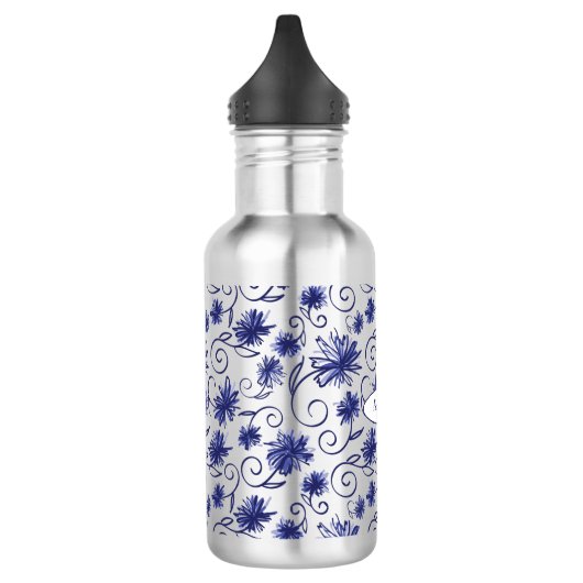 Bouteille d'eau florale bleu blanc avec nom (Gauche)