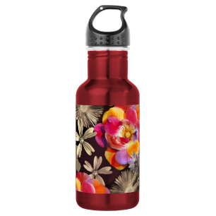 Bouteille D'eau Flowers Boho Floral Bold Pattern - Gold Pink Rose