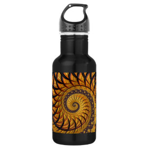 Bouteille D'eau Fractale en spirale abstraite noire et or