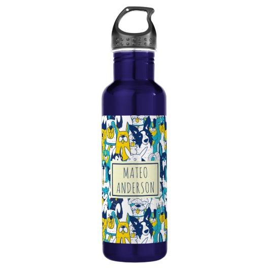 Bouteille D'eau Fun Blue Yellow Dogs Pattern Personalized Name (Devant)