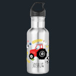 Bouteille D'eau Garçons adorable ferme tracteur et nom<br><div class="desc">Ce design moderne et mignon bouteille d'eau pour enfants comprend un tracteur agricole rouge avec un mouton, un cochon, des poulets, du blé et de la vache, avec de la place pour vous d'ajouter votre nom de garçon dans une typographie décalée. Le cadeau de retour à l'école sur le thème...</div>