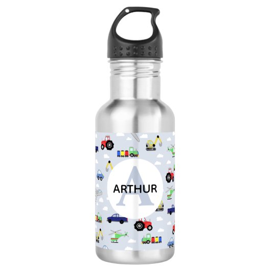 Bouteille D'eau Garçons Cute Blue Transport Train et voiture école (Devant)