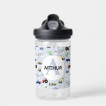 Bouteille D'eau Garçons Cute Blue Transport Train Voiture école po<br><div class="desc">Ce modèle de bouteille d'eau mignon bleu personnalisé pour enfants présente un motif de transport en bande dessinée bleu, avec voitures, camionnettes, trains, avions, excavateurs, tracteurs et hélicoptères. Il y a aussi de l'espace pour ajouter votre nom de garçon et monogramme dans une belle police. L'ajout parfait sur le thème...</div>