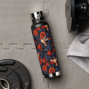 Bouteille D'eau Grenade et colibris/feuilles bleus sur noir