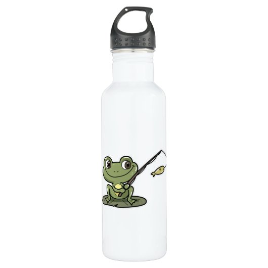 Bouteille D'eau Grenouille à la pêche avec canne à pêche (Devant)