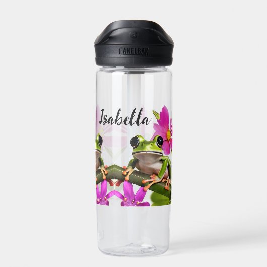 Bouteille D'eau Grenouille verte personnalisée entourée de fleurs (Arrière)
