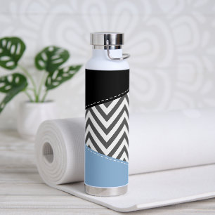 Bouteille D'eau Gris Zigzag, Gris Chevron, Motif Zigzag, Bleu