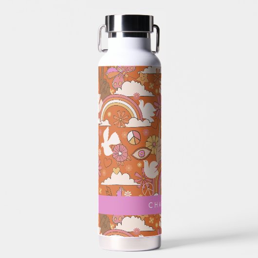 Bouteille D'eau Groovy 70s Rétro Hippie Paix Orange Bohème (Avant)
