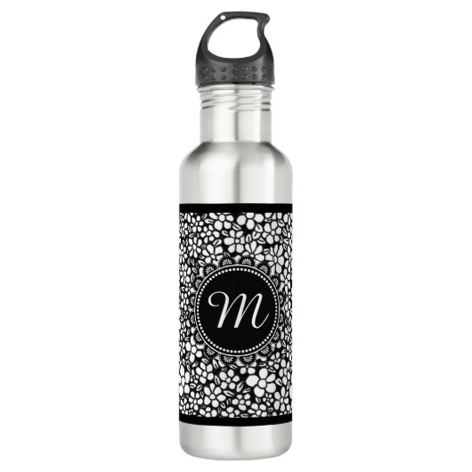 Bouteille D'eau Hand Drawn Black and White Flower Pattern Monogram (Devant)