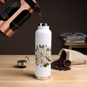 Bouteille D'eau Illustration de magnolia blanche brodée en faux 3D