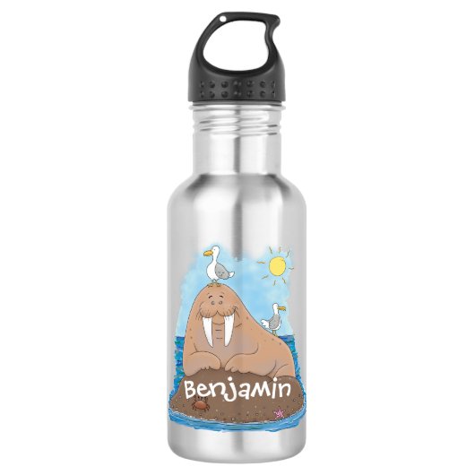 Bouteille D'eau Illustration drôle de morse joyeux (Devant)