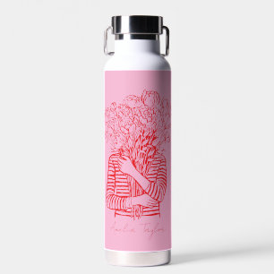 Bouteille D'eau Illustration Fille Fleur Rose Rouge Personnalisée