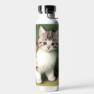 Bouteille D'eau Illustration vintage de chat avec Fleurs rouges