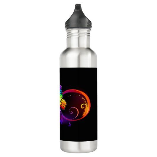 Bouteille D'eau Infini vibrant avec papillon arc-en-ciel sur noir (Droite)