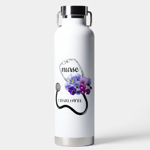 Bouteille D'eau Infirmière Stethoscope et Blue Pansy Floral
