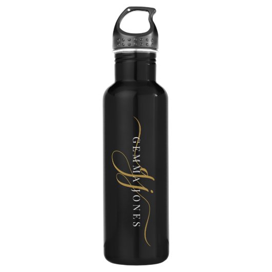Bouteille D'eau Initiales de monogramme de script élégant Noir Or (Devant)