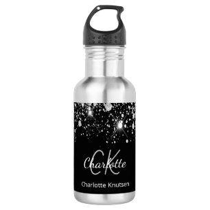 Bouteille D'eau Initiales de nom en paillettes argent noir 