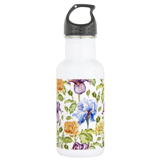 Bouteille D'eau Iris et rose aquarelle motif floral (Devant)