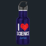 Bouteille D'eau J'aime la coutume de la Science<br><div class="desc">J'aime la bouteille d'eau de la Science avec un modèle frais d'atome enroulé autour d'un coeur rouge. Un grand cadeau de geek pour un professeur de Sciences ou un scientifique qui aime des expériences et se renseigner sur le monde.</div>