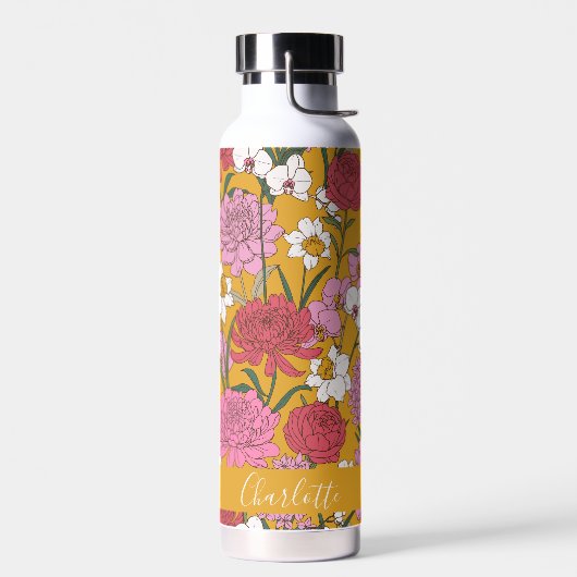 Bouteille D'eau Jardin Floral Boho Jaune Nom Personnalisé (Gauche)