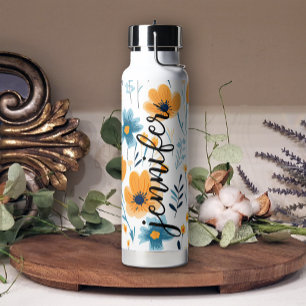 Bouteille D'eau Jaune Bleu Joli Floral Ajouter un nom