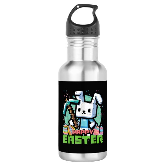 Bouteille D'eau Jeu de pixels de lapin de Pâques heureux  (Devant)