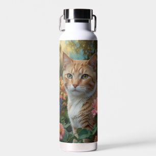 Bouteille D'eau Joli chat blanc orange dans un jardin fleuri