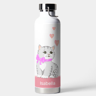 Bouteille D'eau Joli chat tabby & coeurs sur fond rose et blanc
