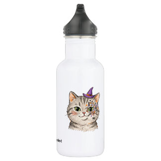 Bouteille D'eau Joli chat tigré gris Halloween avec peinture de vi