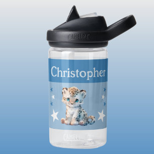 Bouteille D'eau Joli léopard ajouter nom avec étoiles enfants bleu