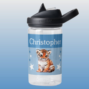 Bouteille D'eau Joli tigre ajouter nom avec étoiles enfants bleu