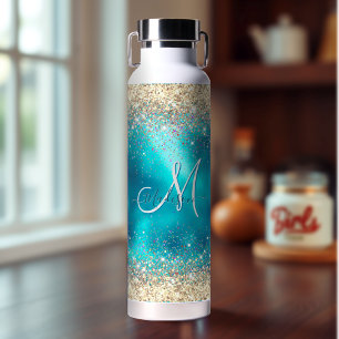 Bouteille D'eau Joli turquoise or faux parties scintillant monogra