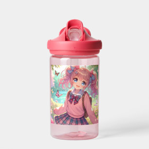 Bouteille D'eau Jolie fille d'anime aux nattes roses