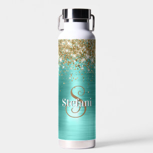 Bouteille D'eau Jote Turquoise Gold Faux Parties scintillant Monog
