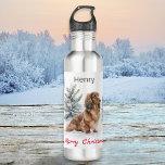 Bouteille D'eau Joyeux Noël long Dachshund Chien en neige<br><div class="desc">Profitez de la magie hivernale supplémentaire avec cette délicieuse bouteille d'eau à thème doxie. La bouteille réutilisable est décorée d'une aquarelle illustrant un adorable dachshund aux cheveux longs, dans un merveilleux pays hivernal de neige et d'arbres à feuillage persistant. Le salut 'Joyeux Noël' apparaît sous la photo de chien de...</div>