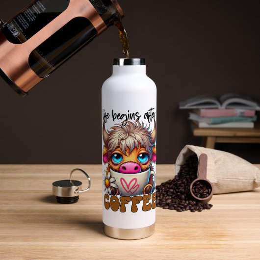 Bouteille D'eau La vie commence après le café (Café (pivotée))