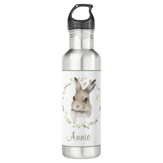 Bouteille D'eau Lapin Lapin Aquarelle Verdure Nom Boire (Devant)