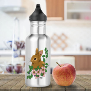 Bouteille D'eau Lapin Lapin Fleurs Roses