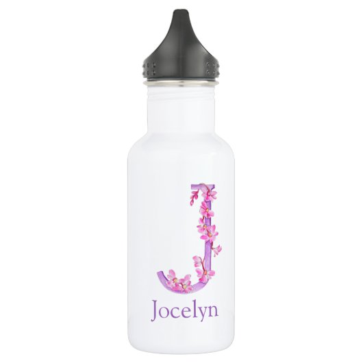 Bouteille D'eau Lettre monogramme J nom orchidée violet rose (Gauche)